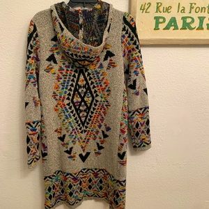 Northern Angel Hooded Rainbow Tribal Print Duster Sweater Size Large Aztec